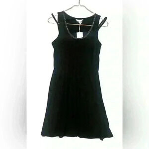 Candies Ribbed Knit Black Flared Skater Dress NWT Bead Embellishment Size M $48